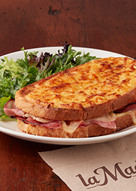 Balsamic-marinated chicken, bacon, cheddar & mayonnaise baked on a